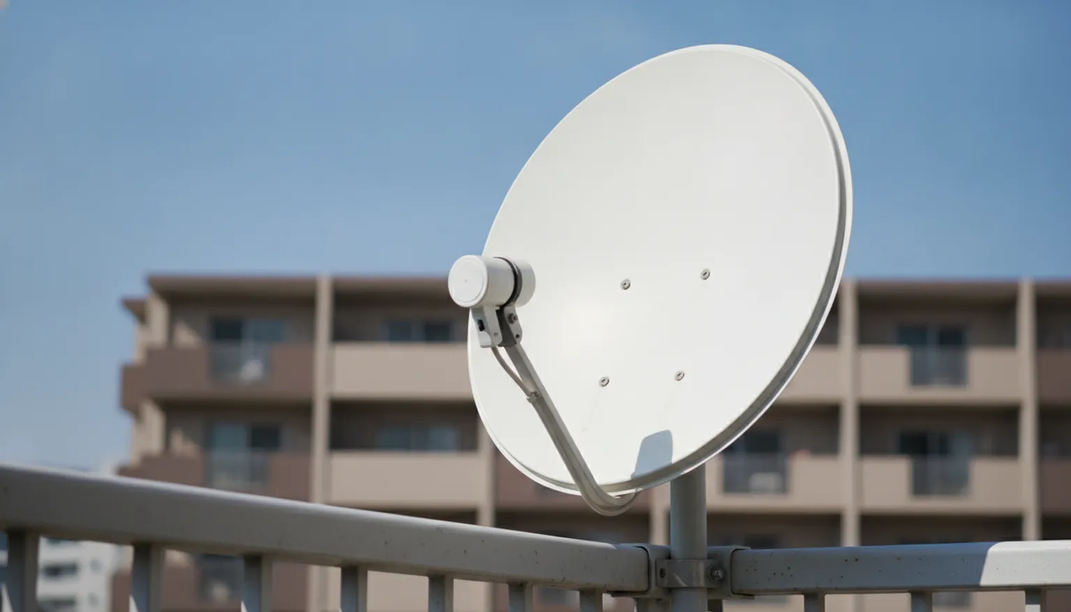集合住宅のベランダの手すりに固定された、直径45cmほどの白い家庭用衛星放送アンテナ。皿の手前に伸びた腕の先へオフセット給電の受信部が付いている。