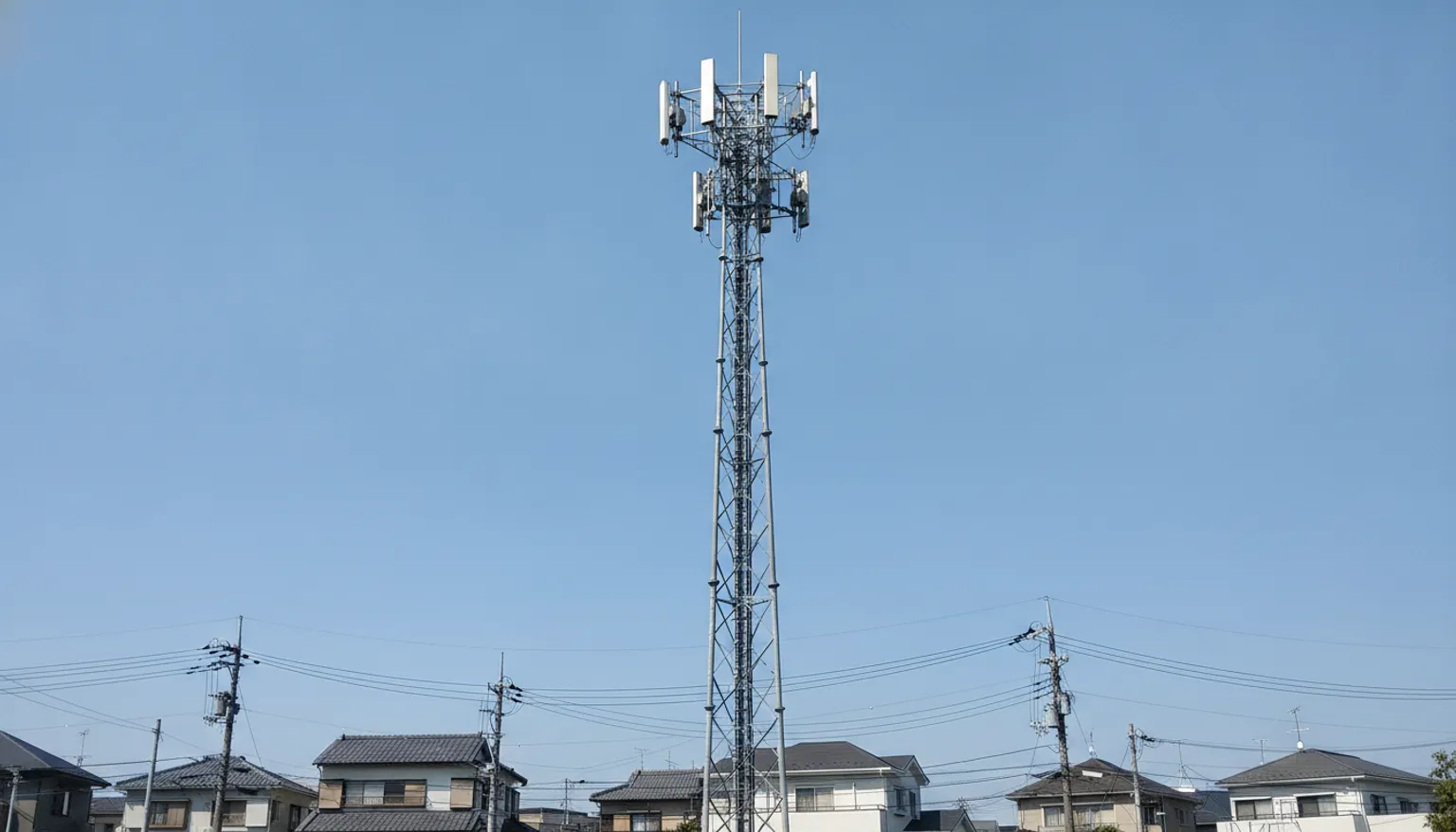 青空を背景にした携帯電話の基地局。細い鉄塔の上部だけに、平たい長方形のパネルアンテナが向きを変えて数枚ずつ取り付けられている。塔の下には日本の住宅と電柱が並ぶ。